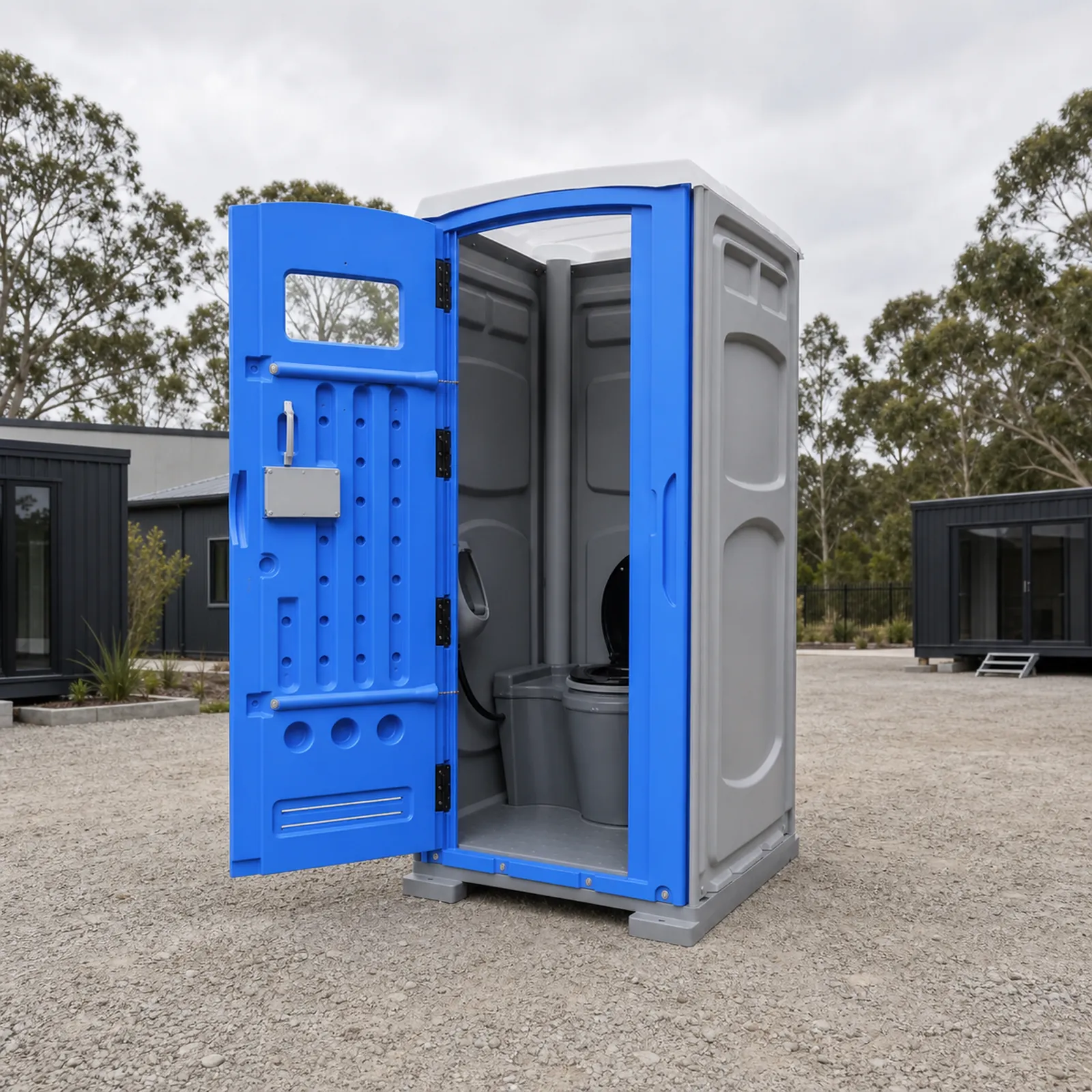 The compact portaloo with the blue door swung open, showing the moulded seat and the vent slots in the rear wall, gravel underfoot