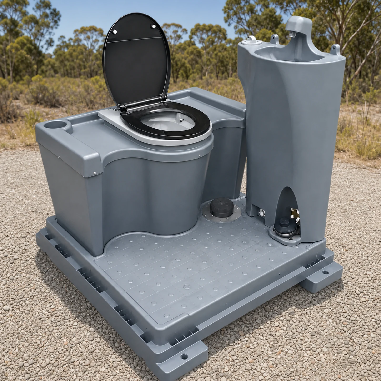 Grey moulded toilet unit and hand wash sink lifted out of the cabin and sitting on the plastic base pan