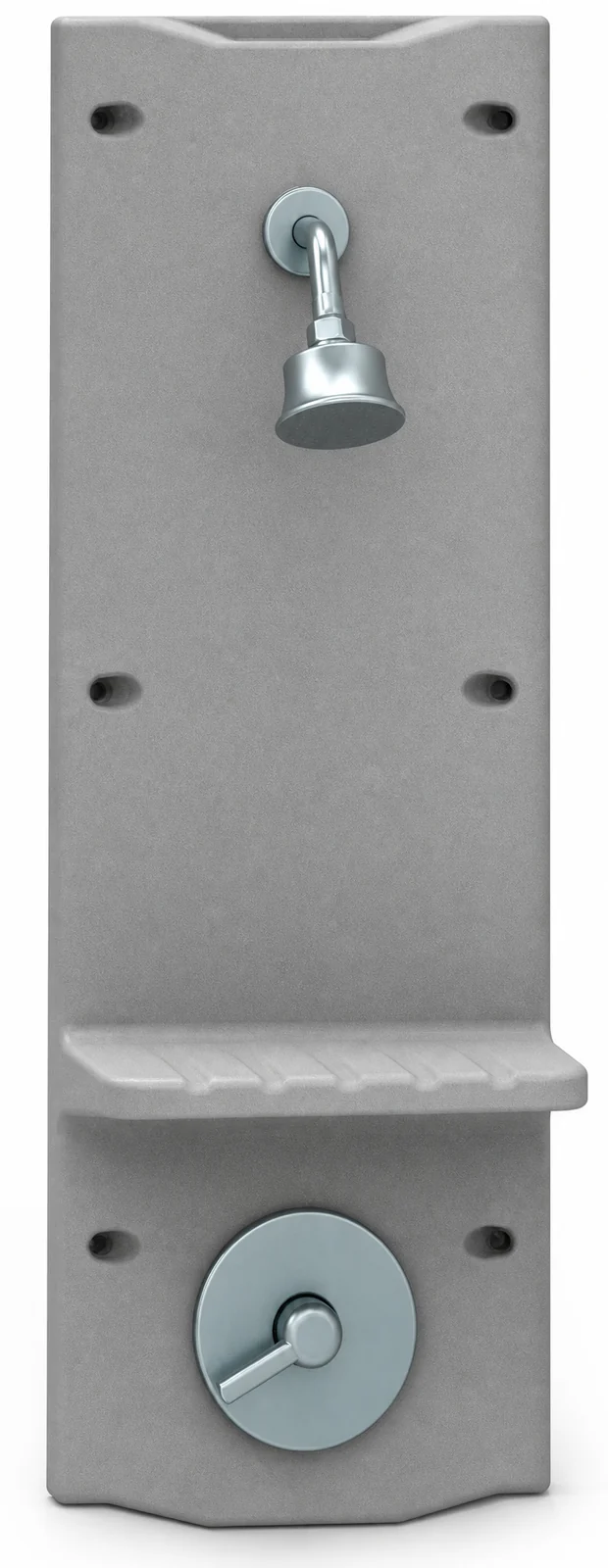 The moulded grey shower panel out of the booth, fixed shower rose above a soap shelf with a round mixer control below