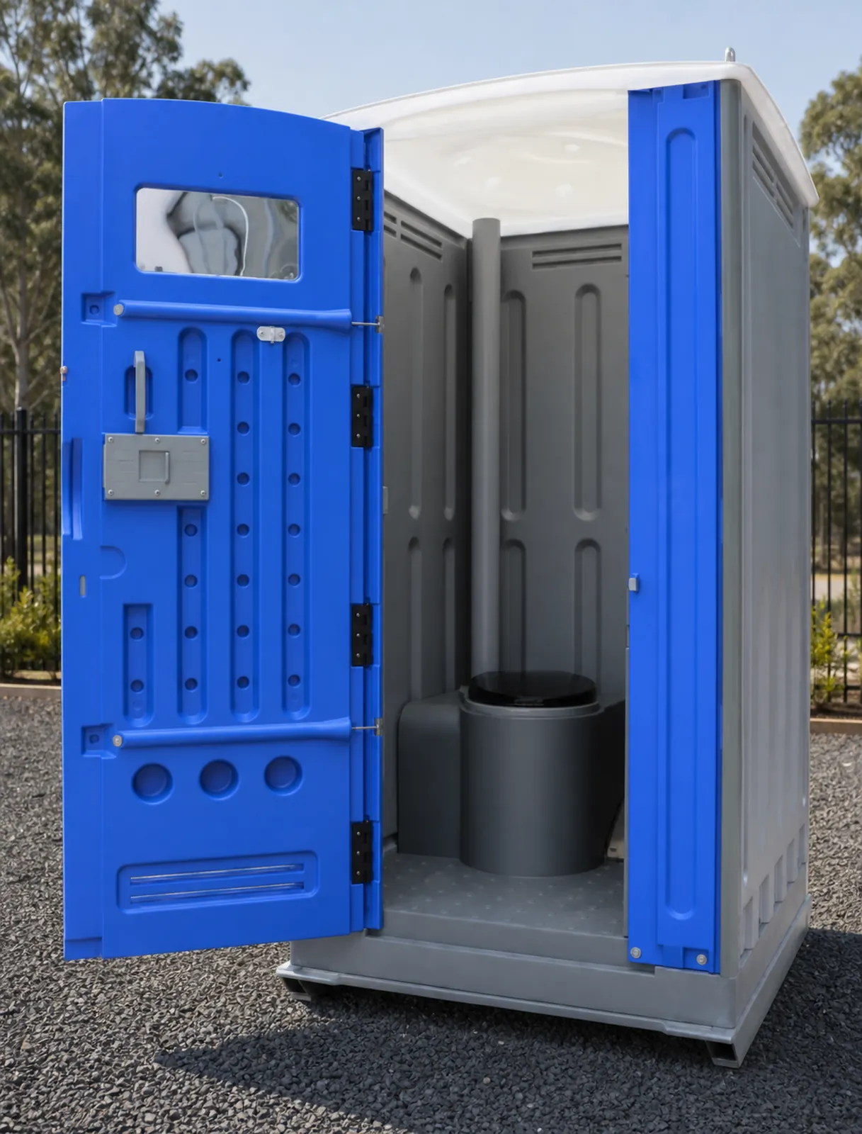 Heavy duty portaloo with the blue door open, showing the moulded grey interior and the black waste drum under the seat