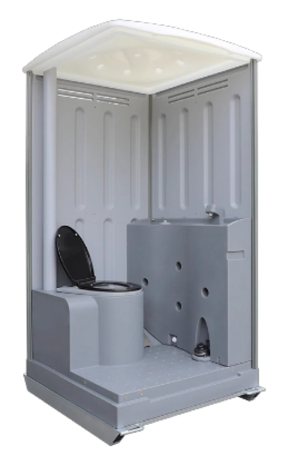 Cutaway of the heavy duty portaloo with the front wall removed, showing the toilet, the moulded sink pedestal and the skid base
