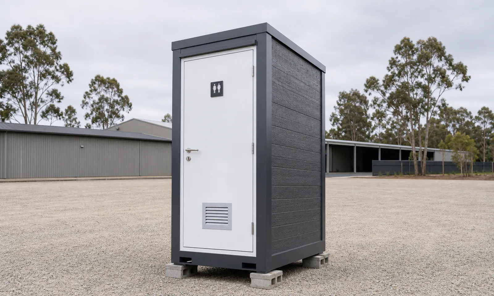 The steel toilet cabin on timber bearers on a gravel yard, timber grain side cladding and a unisex sign on the white door