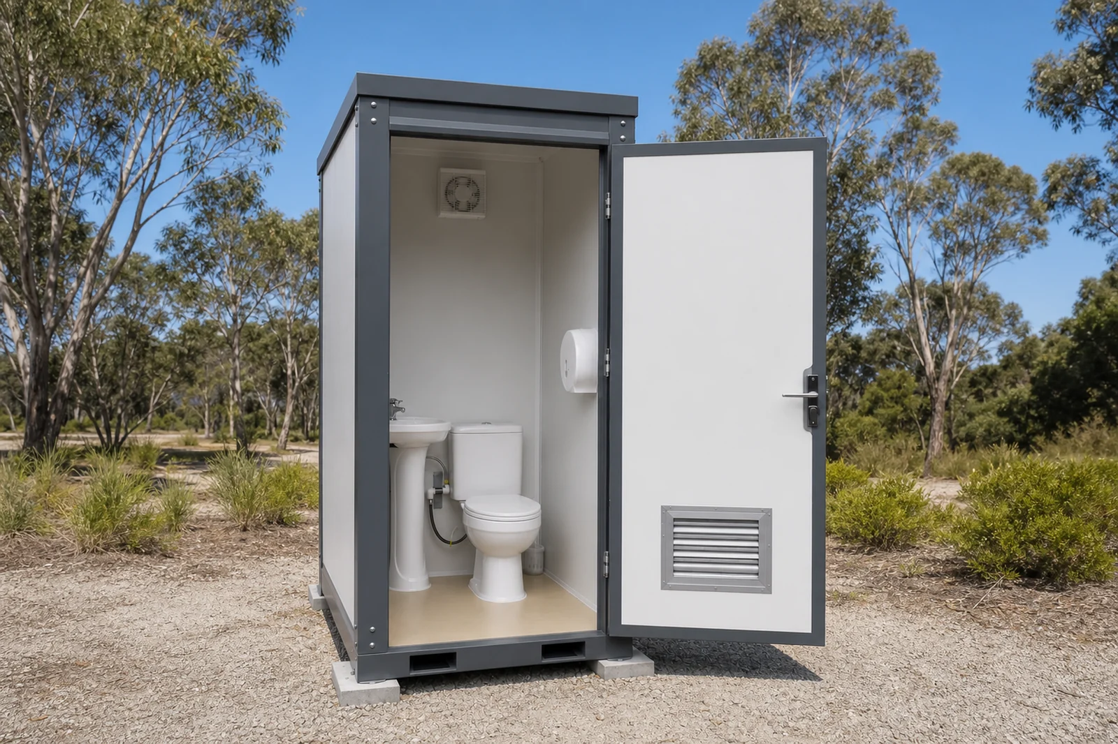 The toilet cabin with the door open, showing the toilet, corner basin, toilet roll holder and ceiling exhaust fan inside