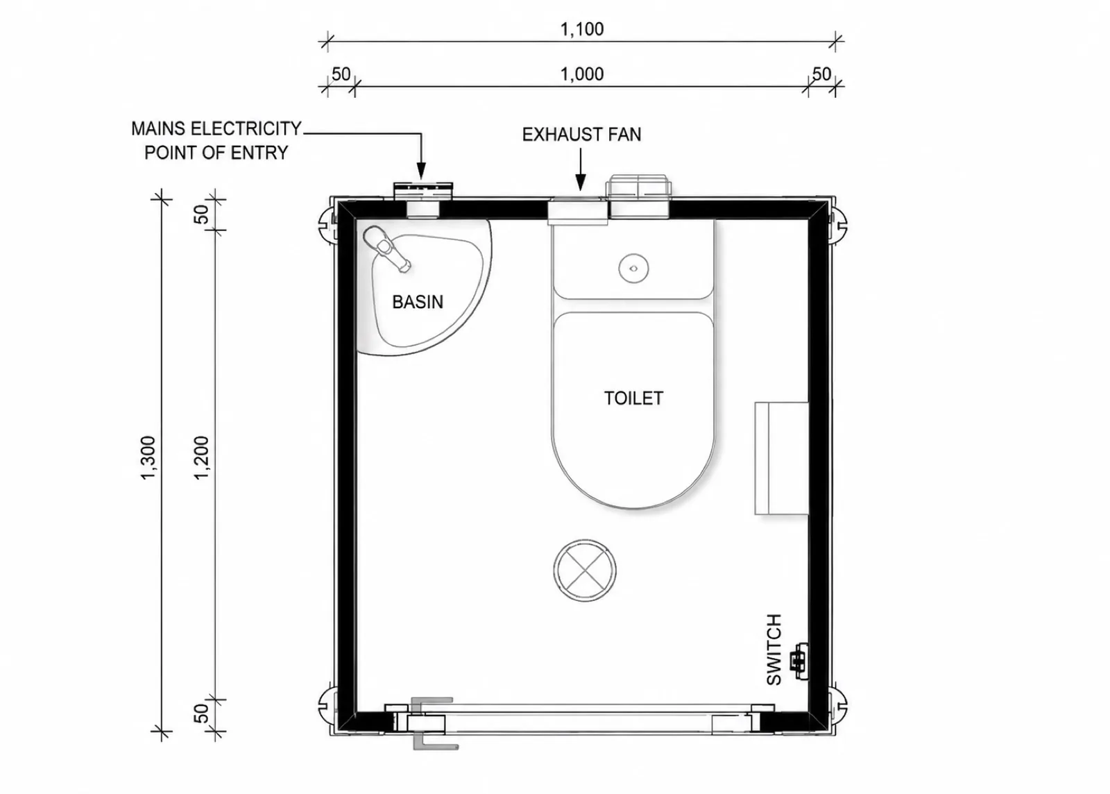 Layout 1,100 mm wide by 1,300 mm deep, basin in the top left corner, toilet against the back wall, with the exhaust fan and mains power entry marked