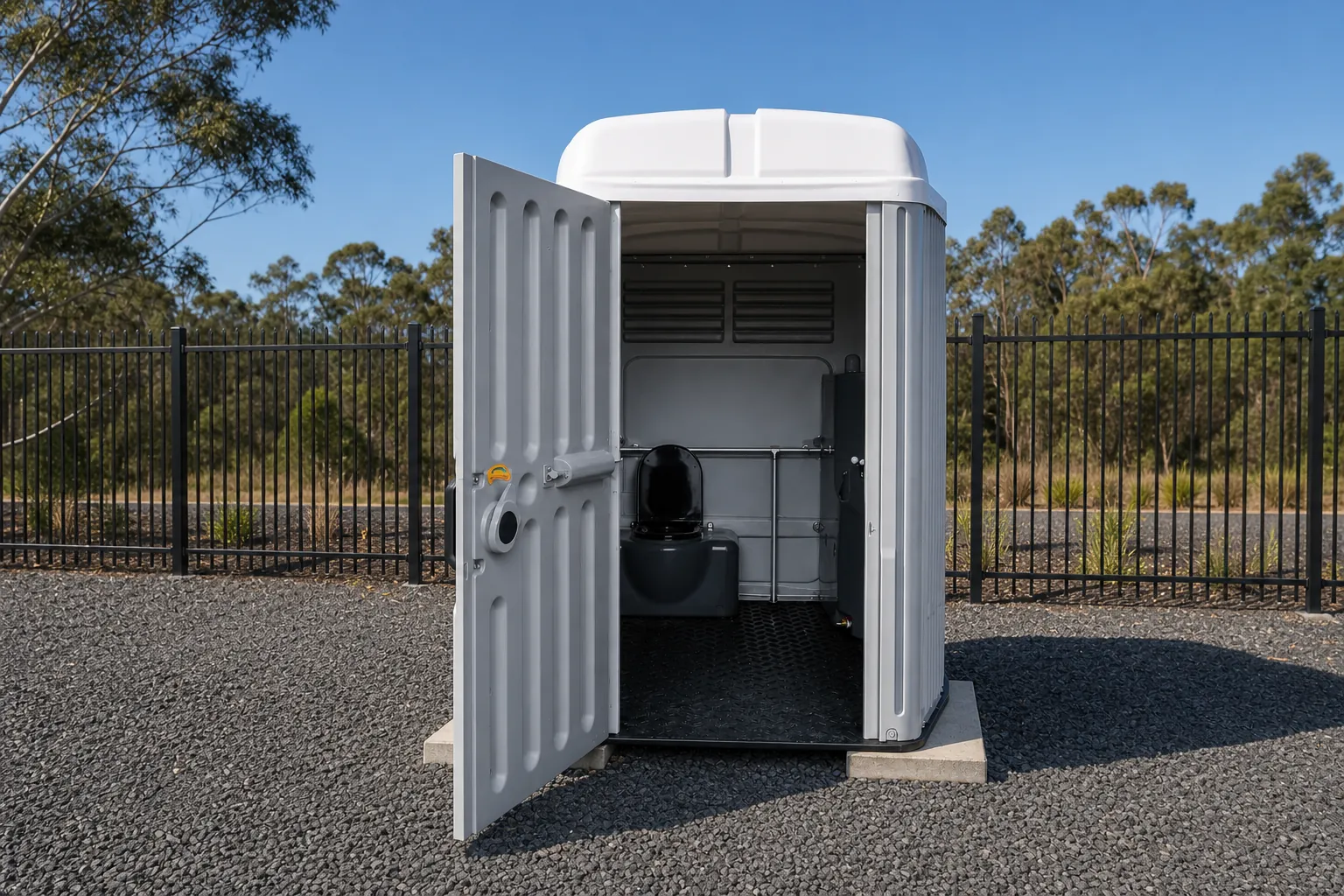 The accessible portaloo with its door open, showing the roomy interior with the toilet and grab rails, on a concrete pad on gravel