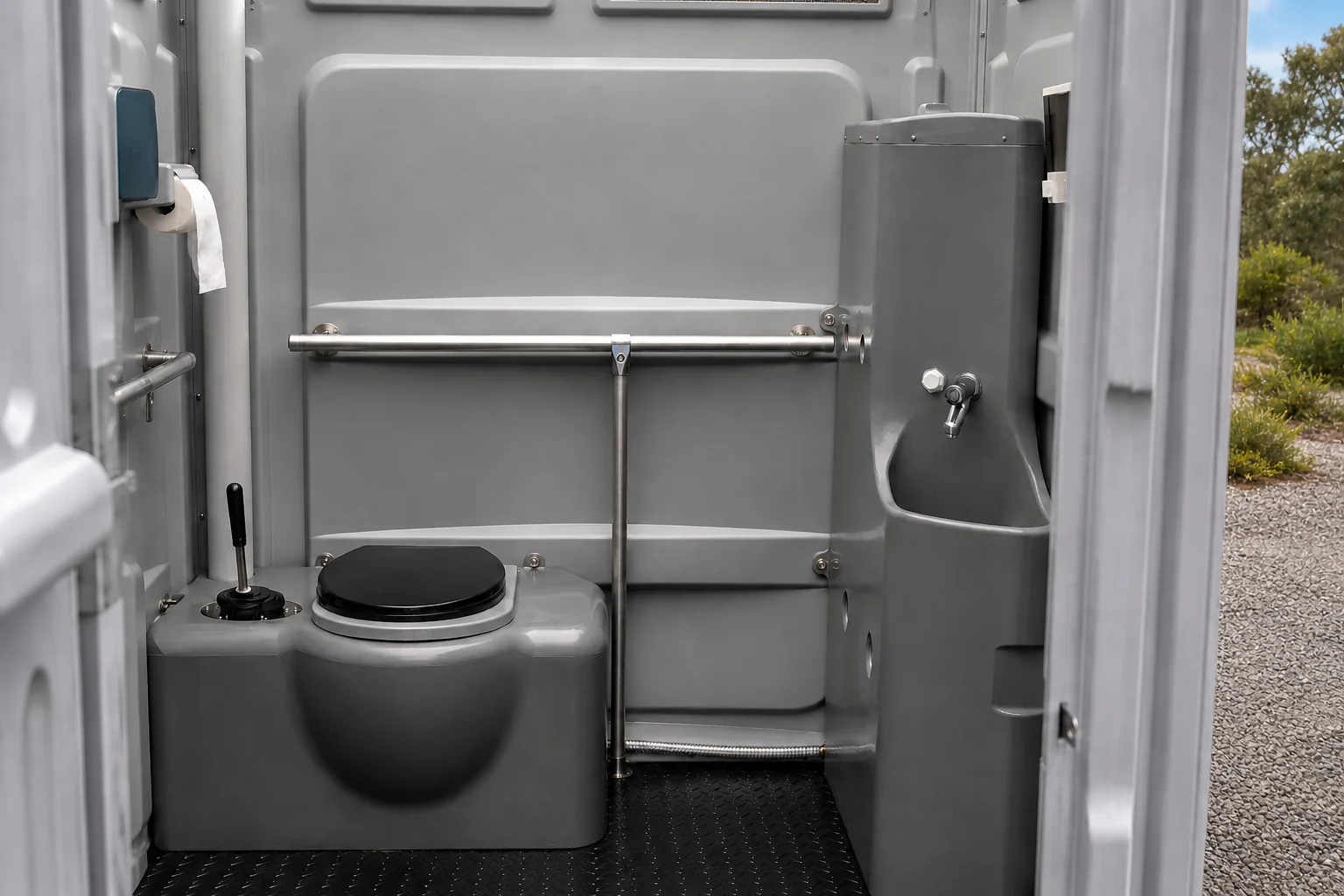 Inside the accessible portaloo, moulded toilet with drop down grab rails, a urinal on the right and a chequer plate floor