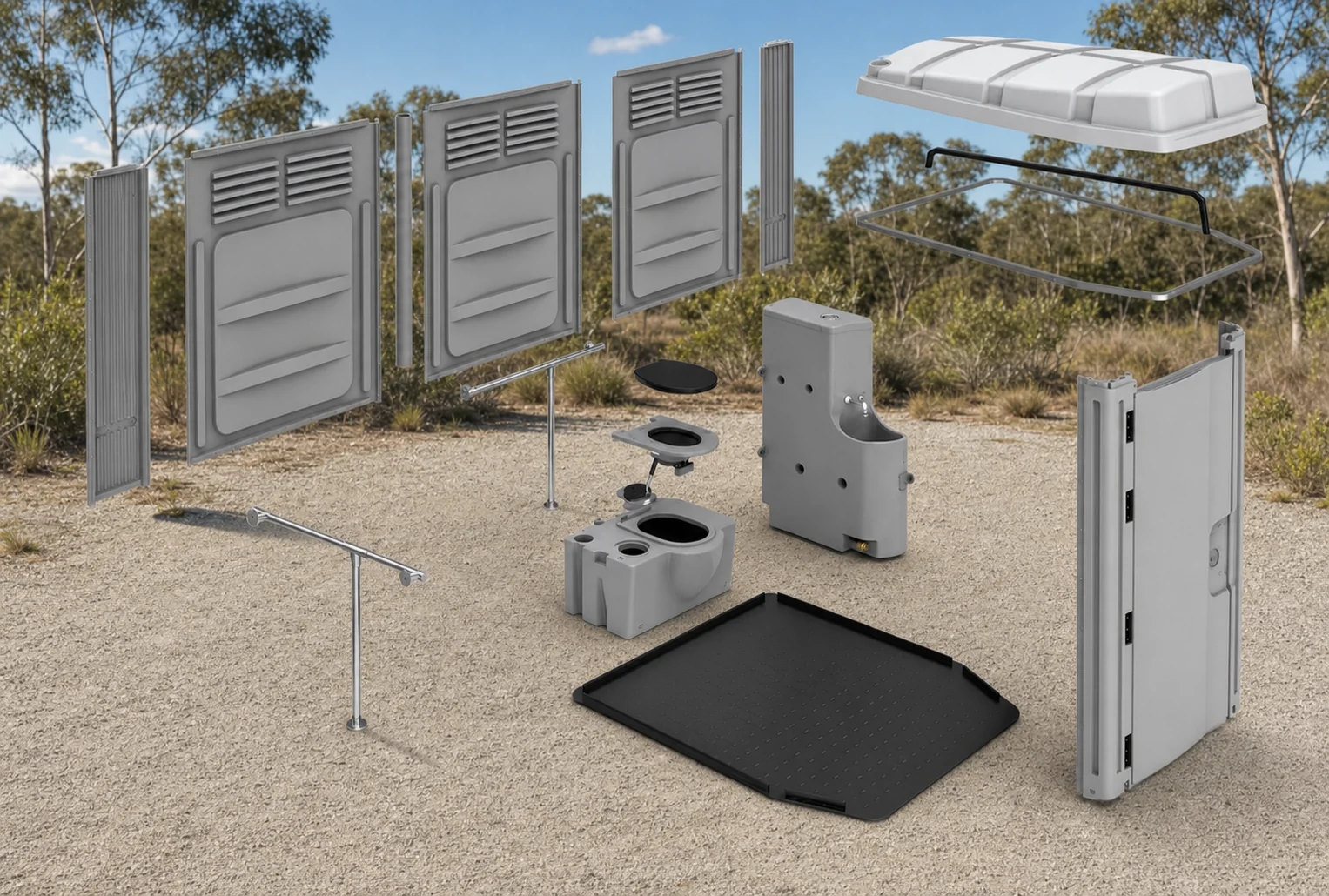 The accessible portaloo laid out as separate parts on the ground, wall panels, roof, floor pan, toilet, sink module, handrail and door