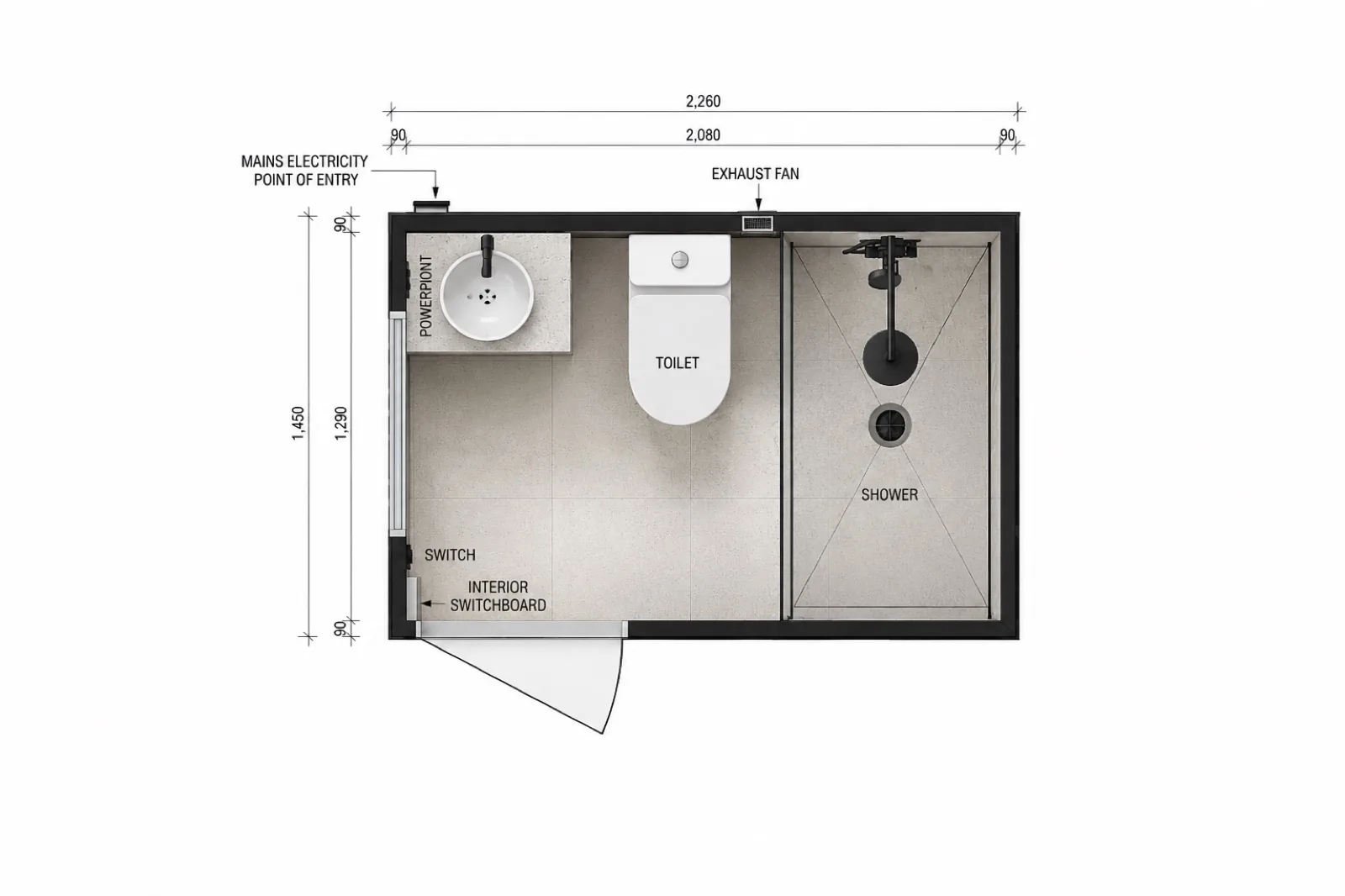 Layout 2,260 by 1,450 mm, basin on the left wall, toilet in the middle and the shower recess on the right, with the exhaust fan and switchboard marked