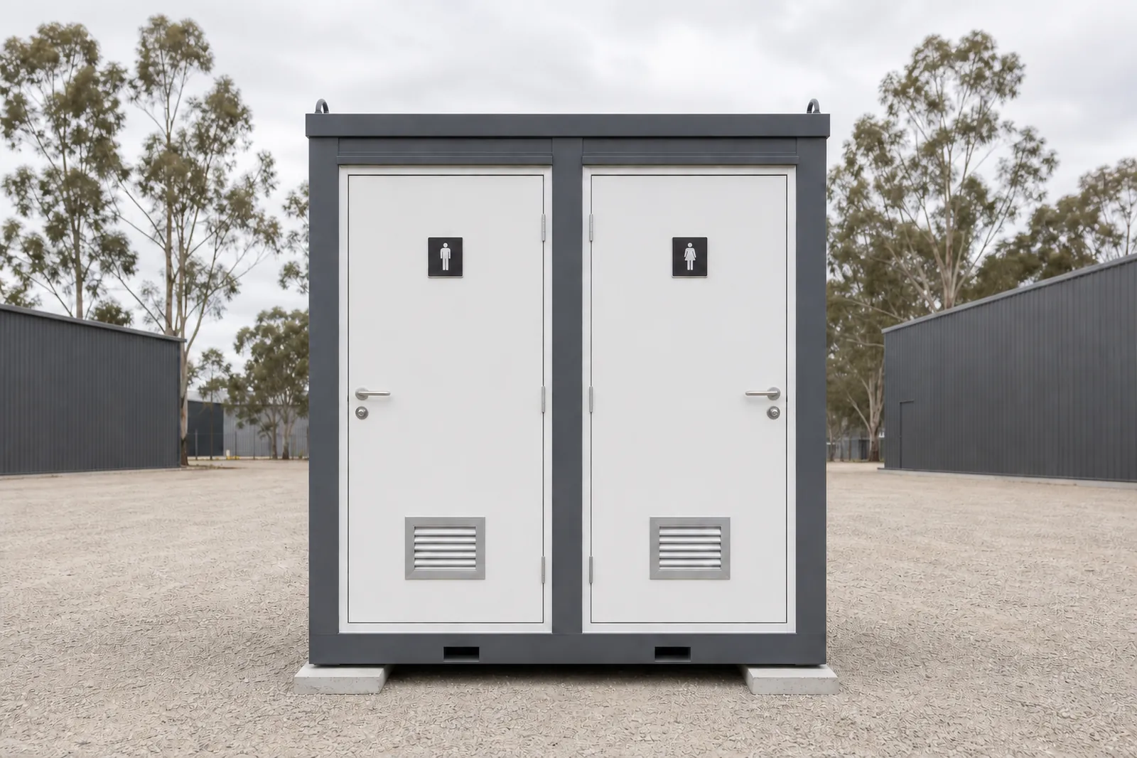 Twin toilet block in a charcoal steel frame with two white doors, each with a male or female pictogram and a louvre vent, on a gravel yard