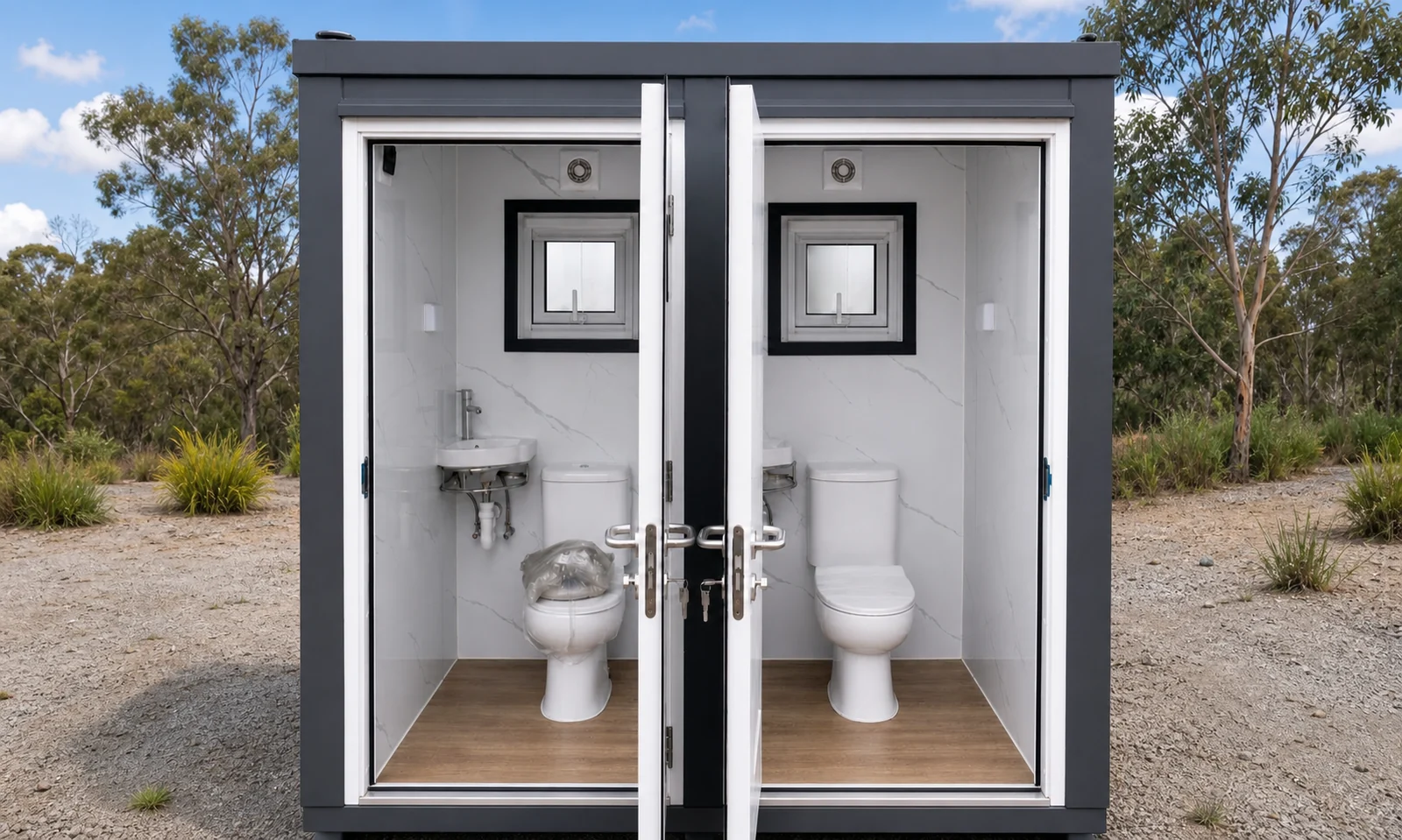 The twin toilet block with both doors open, showing a toilet, corner basin and window in each of the two cubicles