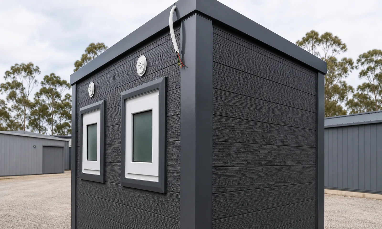 The twin toilet block from the back corner, dark timber grain cladding with two small windows and a wiring tail at the roof