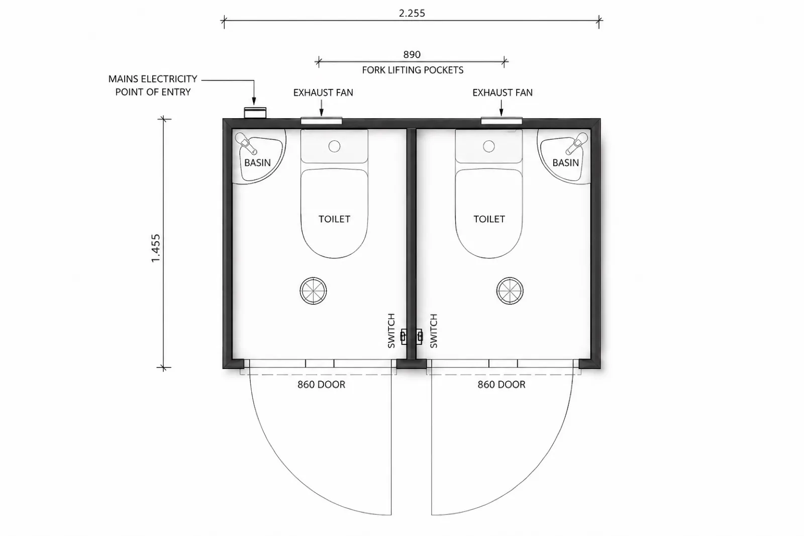 Layout 2,255 mm wide by 1,455 mm deep, two mirrored cubicles each with a corner basin, toilet and 860 mm door, fork lifting pockets at 890 mm centres