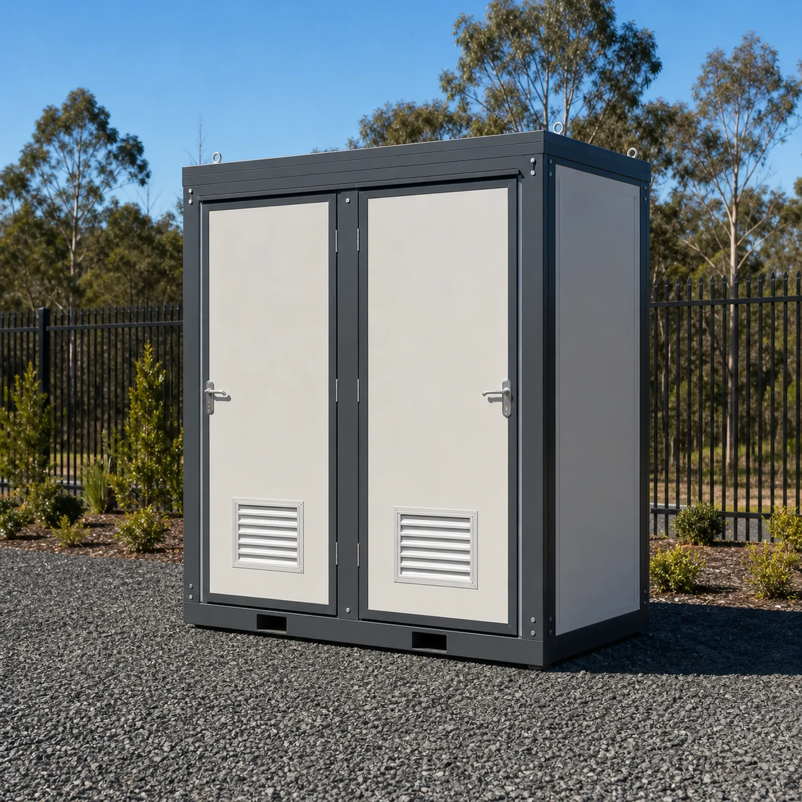 The twin toilet block on a gravel pad by a steel fence, two pale doors with louvre vents in a dark grey steel frame