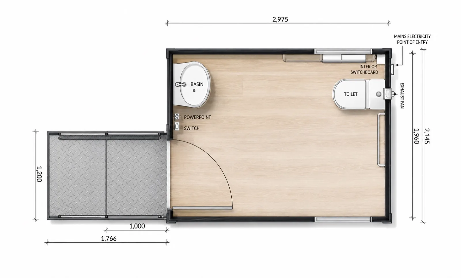 Layout 2,975 mm wide by 2,145 mm deep with a 1,766 by 1,200 mm ramp landing, basin on the left, toilet on the right and the door swinging in