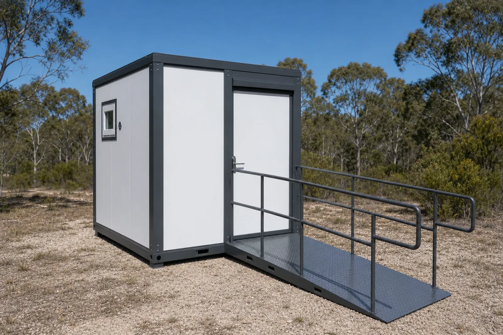 The accessible portable shower and toilet cabin outside, entry door with a long chequer plate ramp and handrails, on dry scrubby ground