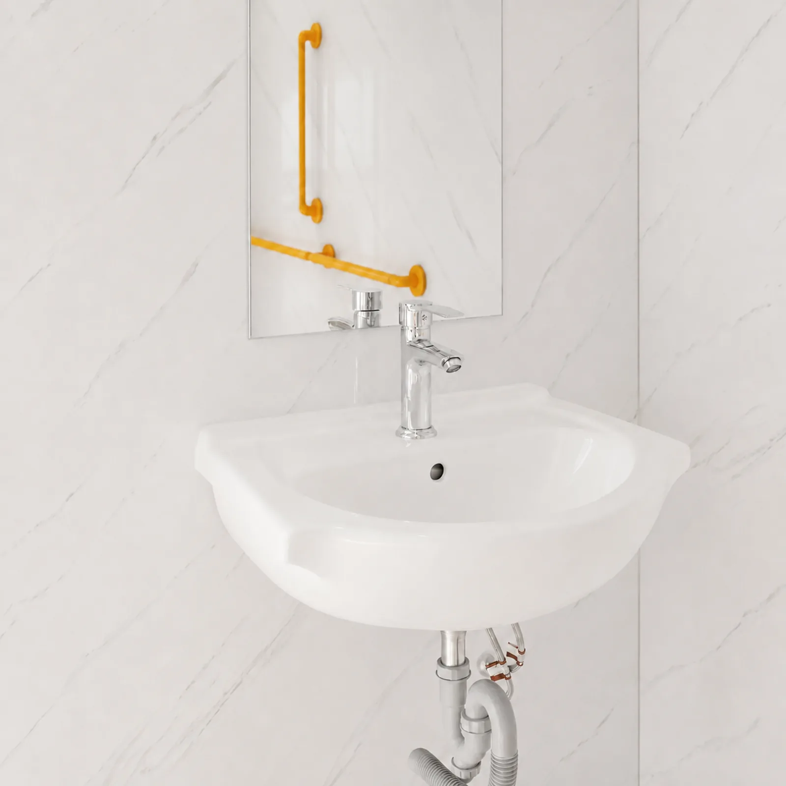 Wall hung basin with a lever mixer and a yellow grab rail above it, against marble look wall panels