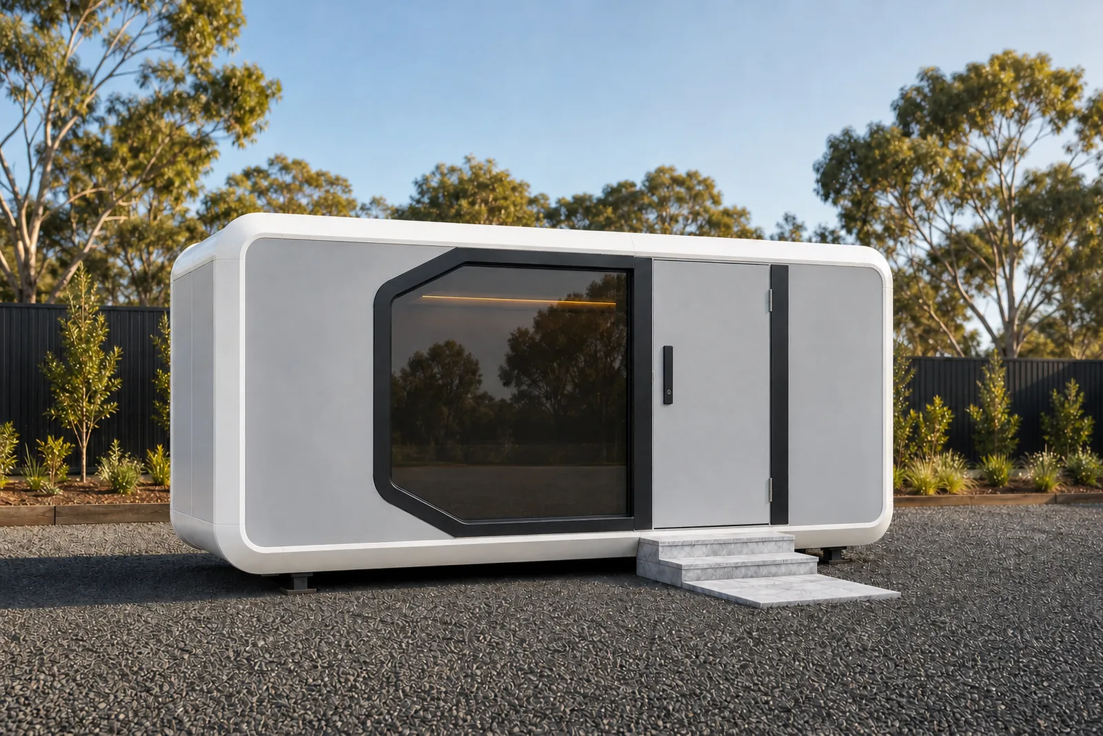 The rounded capsule from the front corner, radiused white shell with the angled window and concrete entry steps up to the door