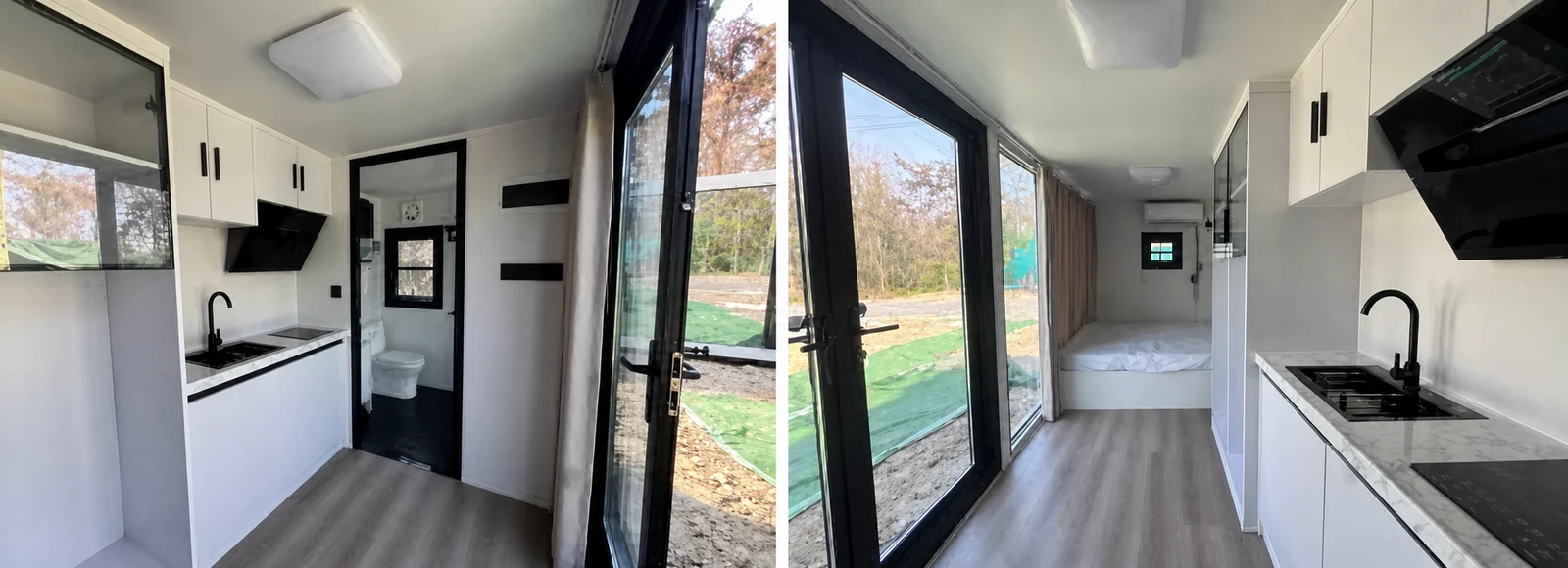 Two more interior views, the kitchen and bathroom doorway on the left, and the full length glazed wall with the bed at the far end on the right