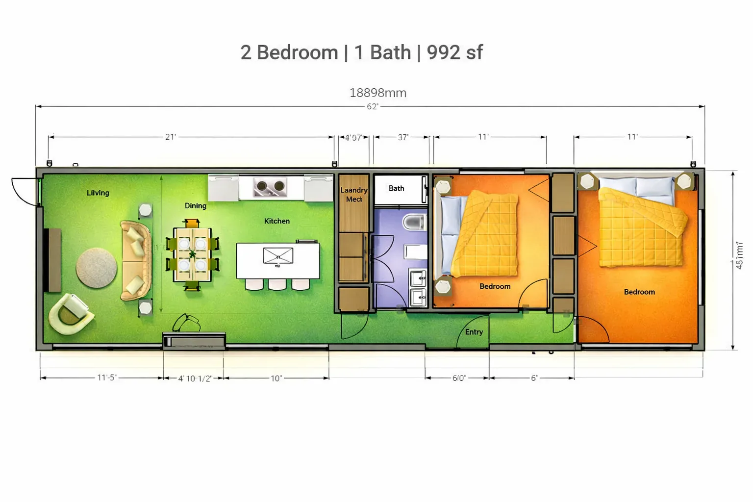 Two bedroom one bathroom layout, 18,898 mm long, living and dining at the left end, kitchen and laundry in the middle and two bedrooms at the right end