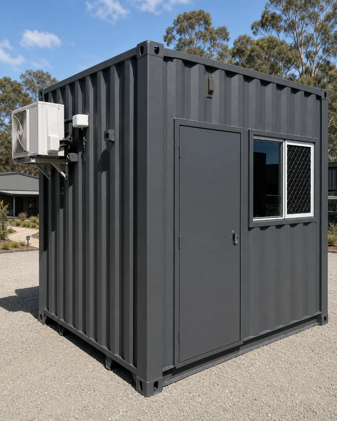 The 10ft container office from the corner with a split system condenser mounted on the end wall, corrugated steel walls and corner castings