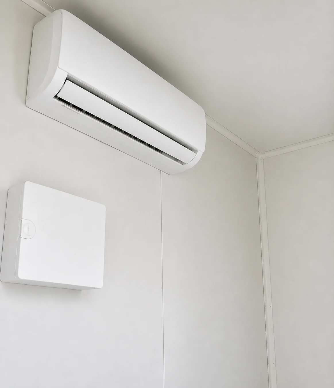 Inside the 10ft office, wall mounted split system air conditioner above a white electrical distribution box on a plain lined wall