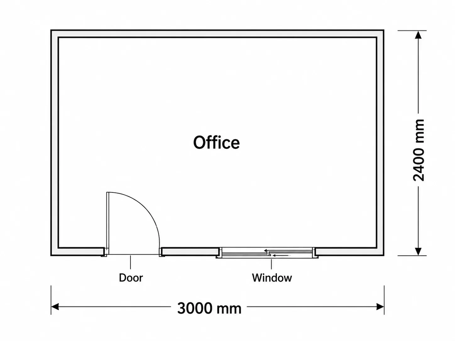 Layout 3,000 by 2,400 mm, one open office room with the door at the bottom left and a window along the bottom wall