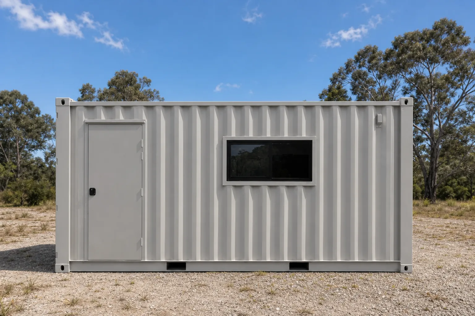 SO20 20ft container site office in light grey with a personnel door and one sliding window, standing on a gravel pad among gum trees