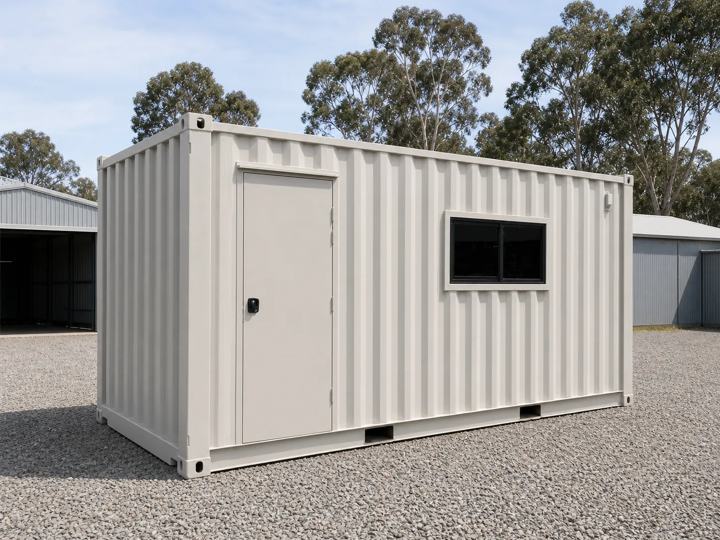 Modified 20ft shipping container office in off white showing the whole unit from the door corner