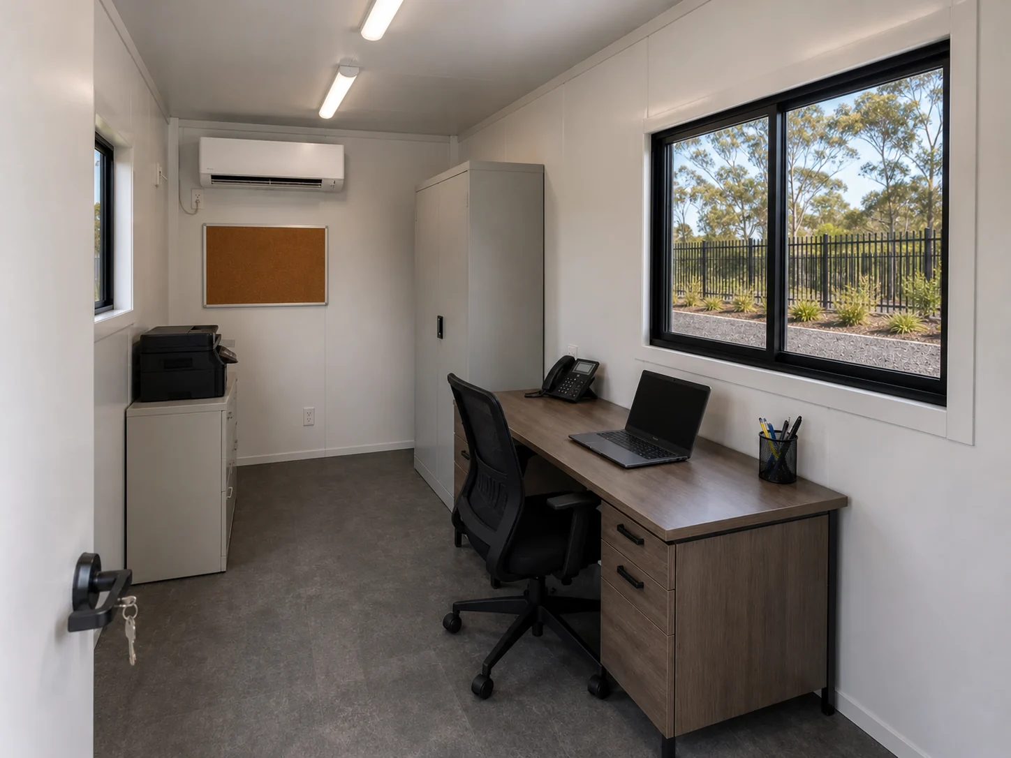 Inside the 20ft office, a timber desk with a laptop and phone under a wide window, an office chair, a cork board and a split system on the wall