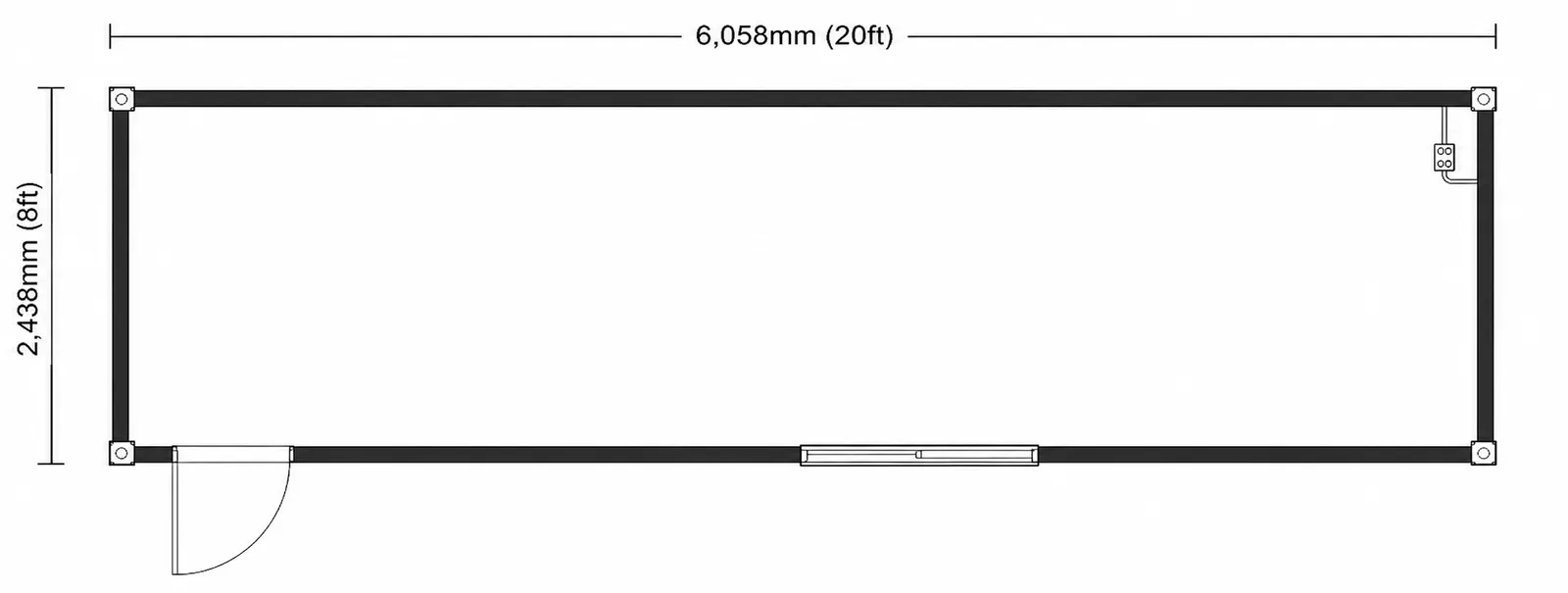 Layout 6,058 by 2,438 mm, a single open office the full length of the container with the door at the bottom left and a window on the front wall