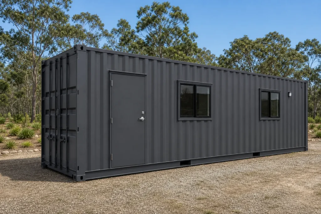 Charcoal container building with a lockable access door and two sliding windows on a gravel pad