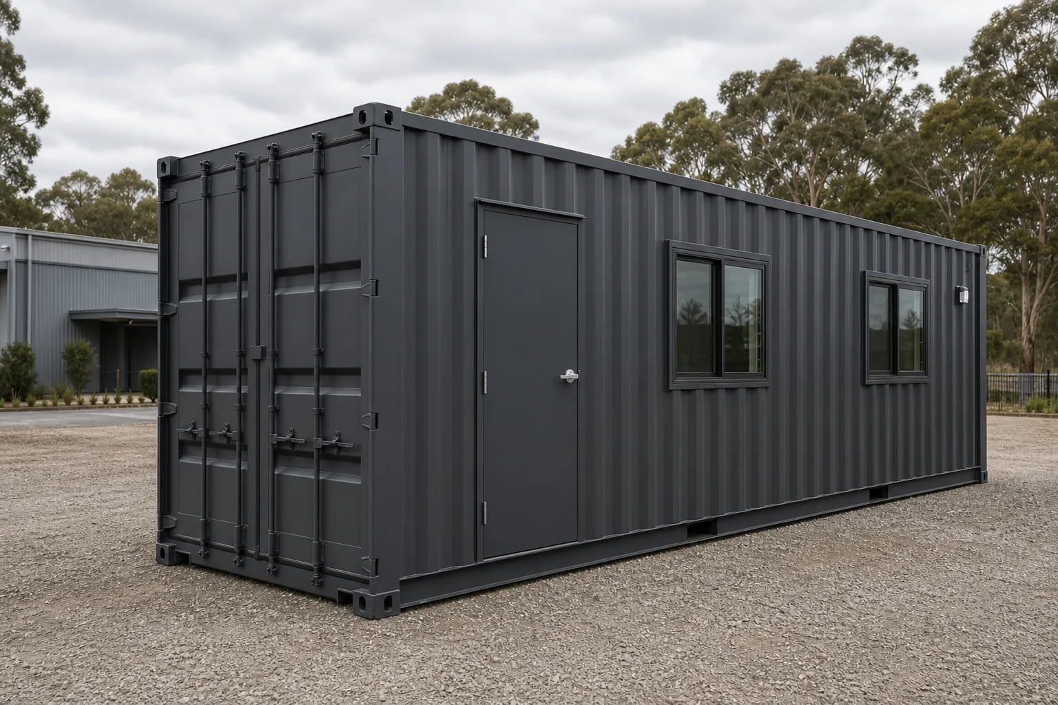 SO40 40ft container site office in charcoal on a gravel yard, showing the full length of the unit and its cargo doors