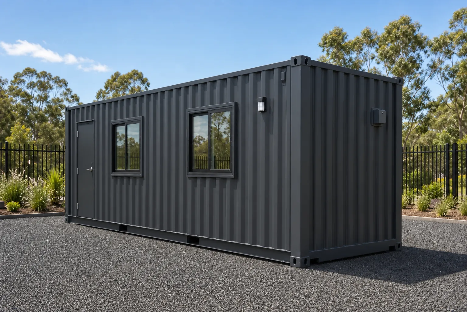 The 40ft container office on a gravel pad by a steel fence, two windows and an exterior light on the long wall