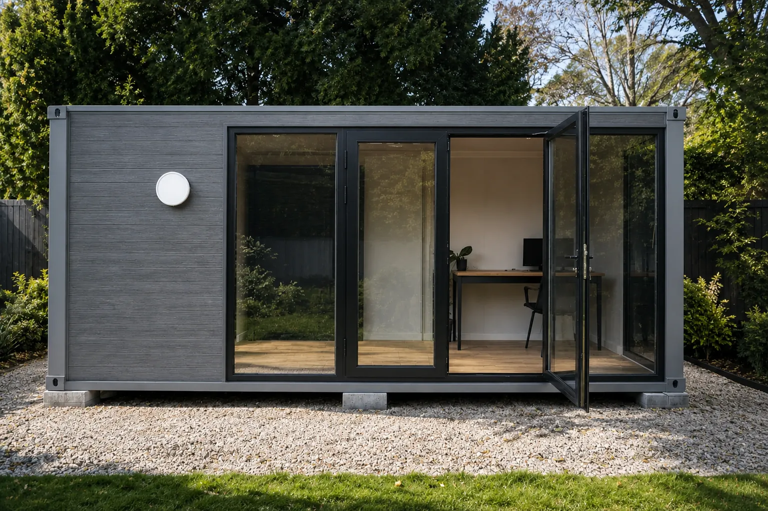 SO6 6m panelised portable site office with twin glass doors and timber look vinyl flooring