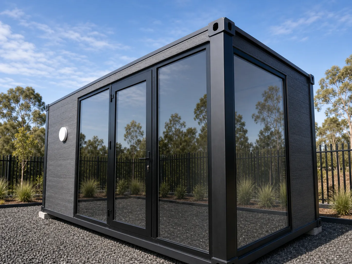 The 6 m site office from the glazed corner, full height double glazing in a black frame reflecting the gum trees, on a gravel pad