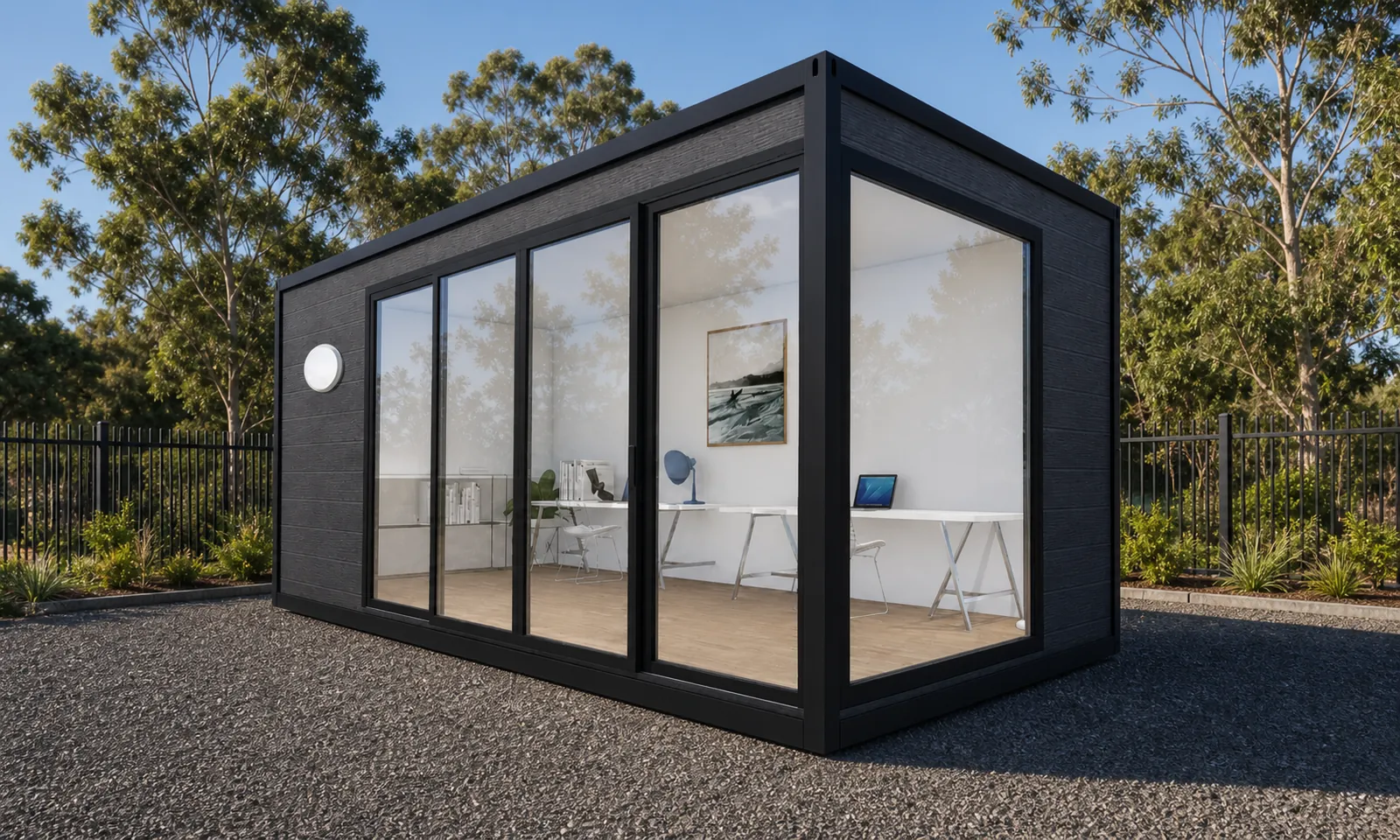 The 6 m site office fitted out with two desks and chairs visible through the glazing, dark grey cladding and a porthole window