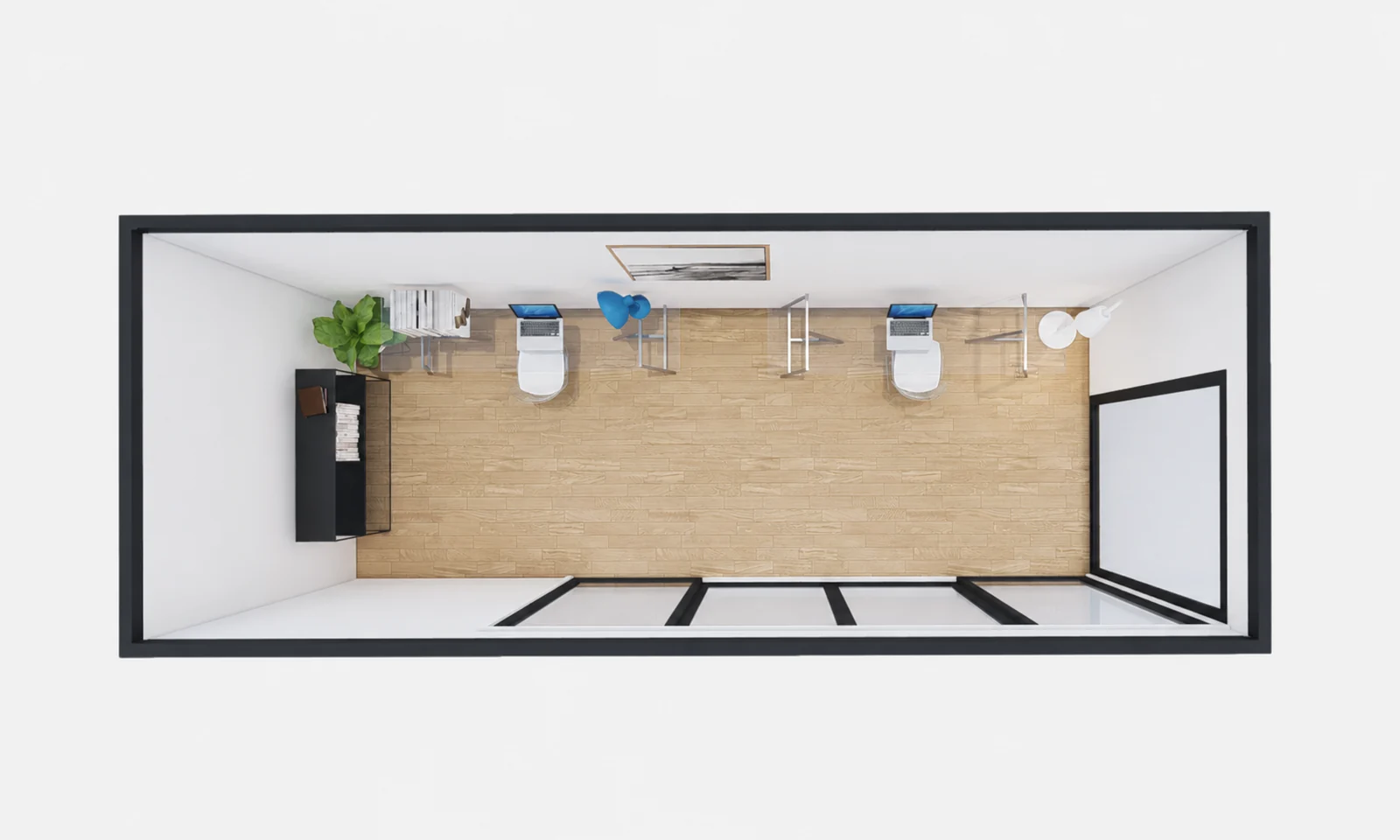 Overhead cutaway of the 6 m office, two desks with chairs and monitors along the back wall, a storage unit at the left and the glazed doors on the right
