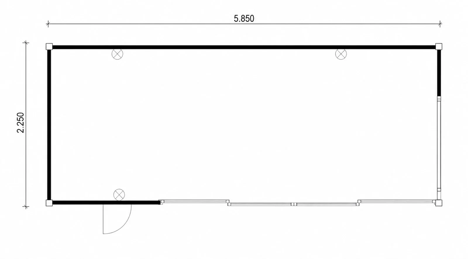 Dimensioned layout, 5,850 by 2,250 mm, one open room with the entry door at the bottom left and full height glazing along the bottom and right
