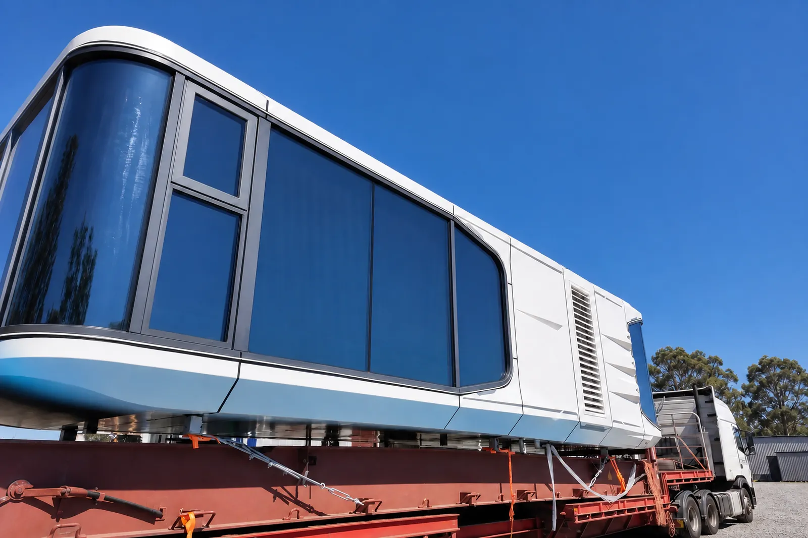 The capsule studio strapped to a low loader trailer, seen from below, the blue tinted glazing wrapping the nose and a truck cab in front