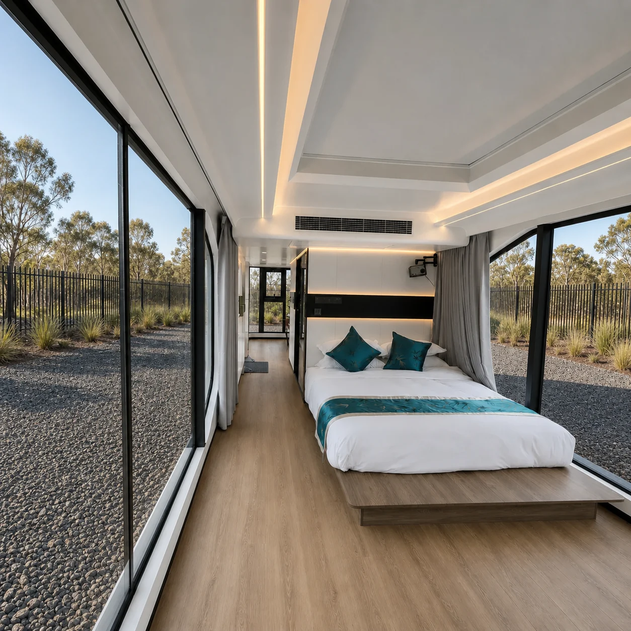 Inside the capsule studio looking along its length, glazing on both sides and a double bed on a low platform at the far end