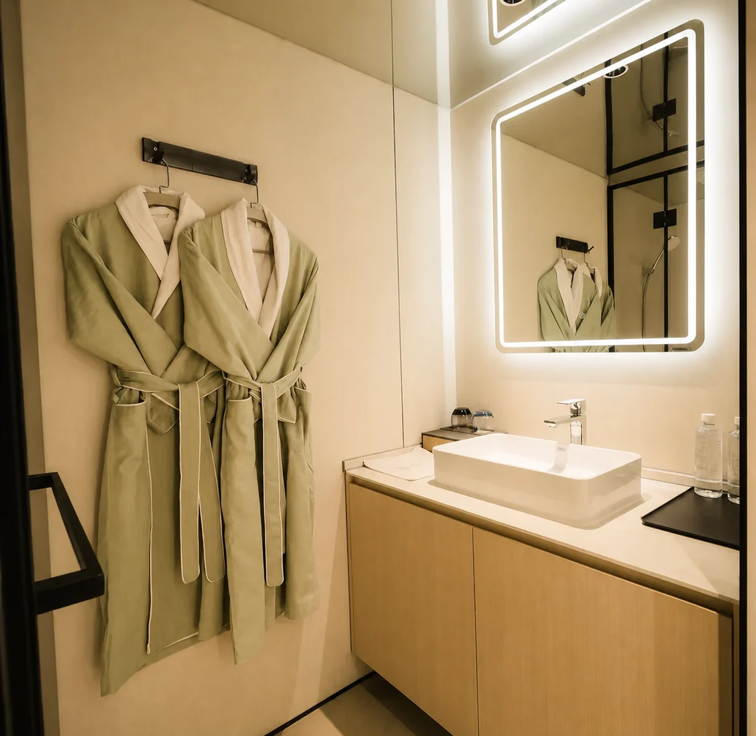 Bathroom in the capsule studio, timber vanity with a vessel basin under a backlit mirror and two robes hanging on a rail