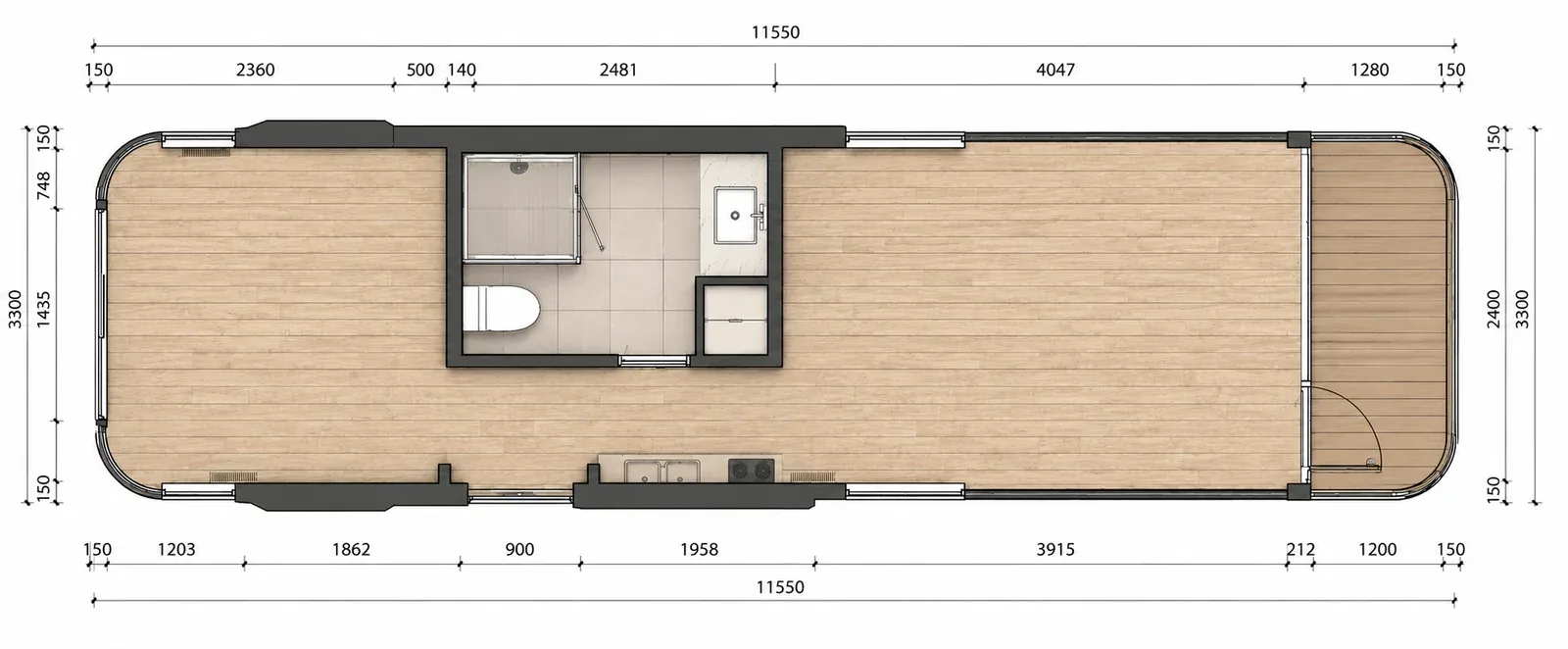 Dimensioned layout, 11,550 by 3,300 mm overall, bathroom in the centre with the kitchen bench opposite and open living zones at both ends