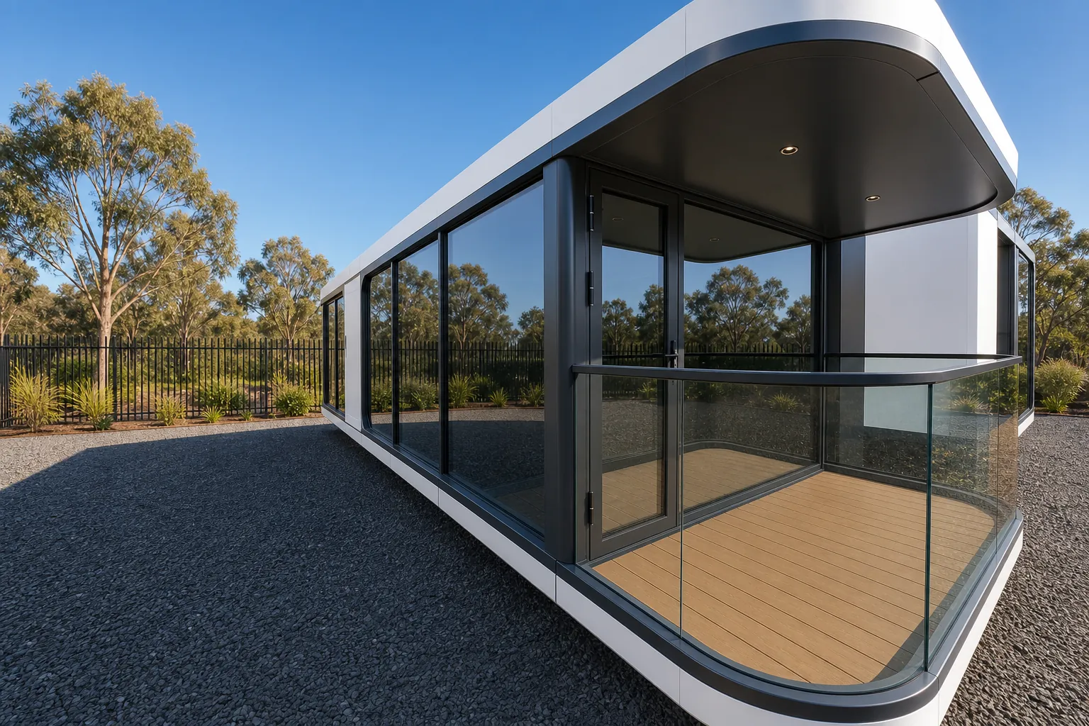 Close view of the recessed balcony, timber decking behind a frameless curved glass balustrade with sliding doors into the capsule