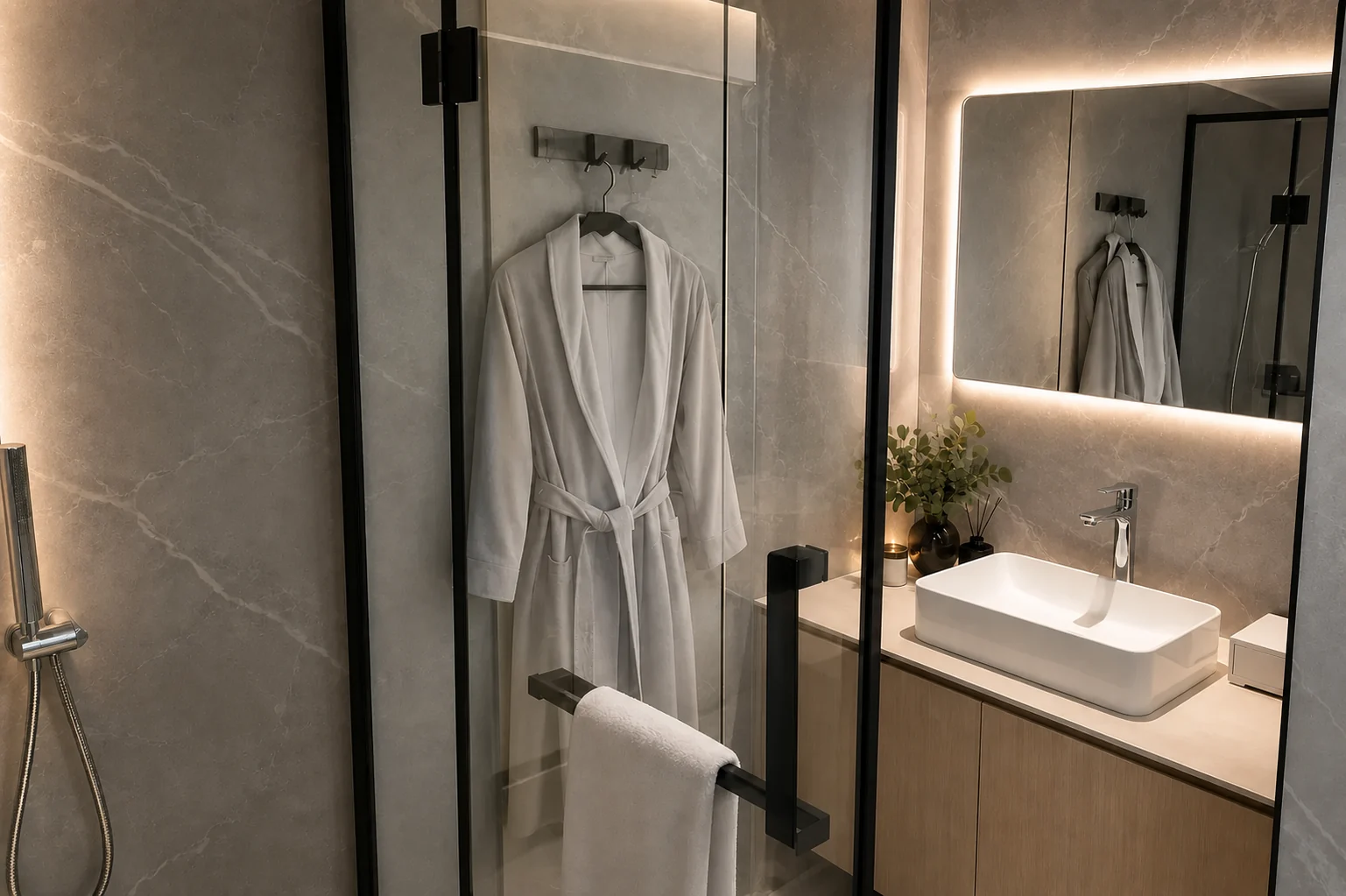 Bathroom in the balcony capsule, stone look walls, timber vanity with a vessel basin, backlit mirror and a glass screened shower with a robe hanging