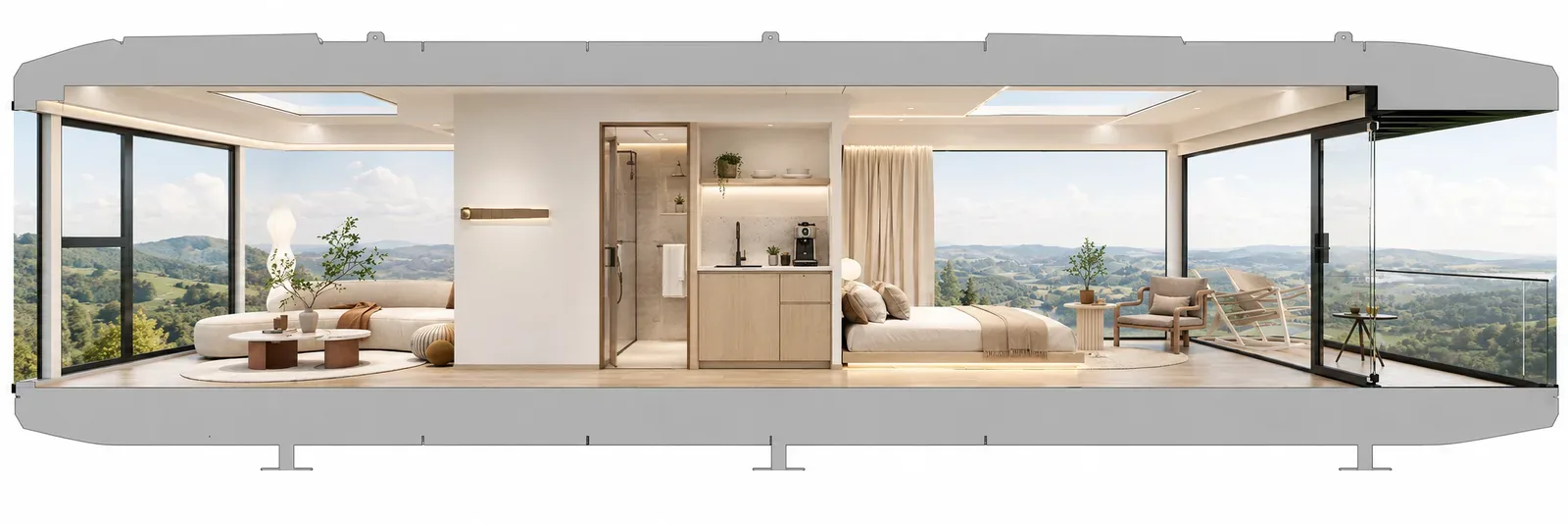Cutaway of the balcony capsule, lounge at one end, bathroom and kitchen in the middle, bed and the open balcony at the other end