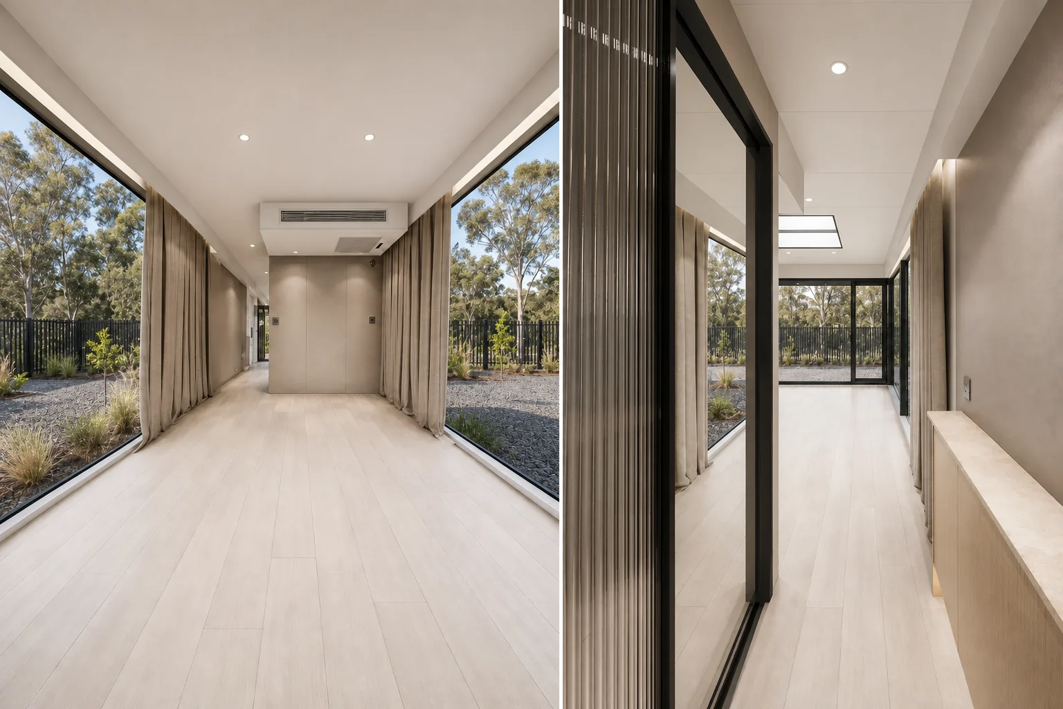 Two views inside the balcony capsule, the empty timber floored interior looking to the far end and a fluted screen beside the glazed doors