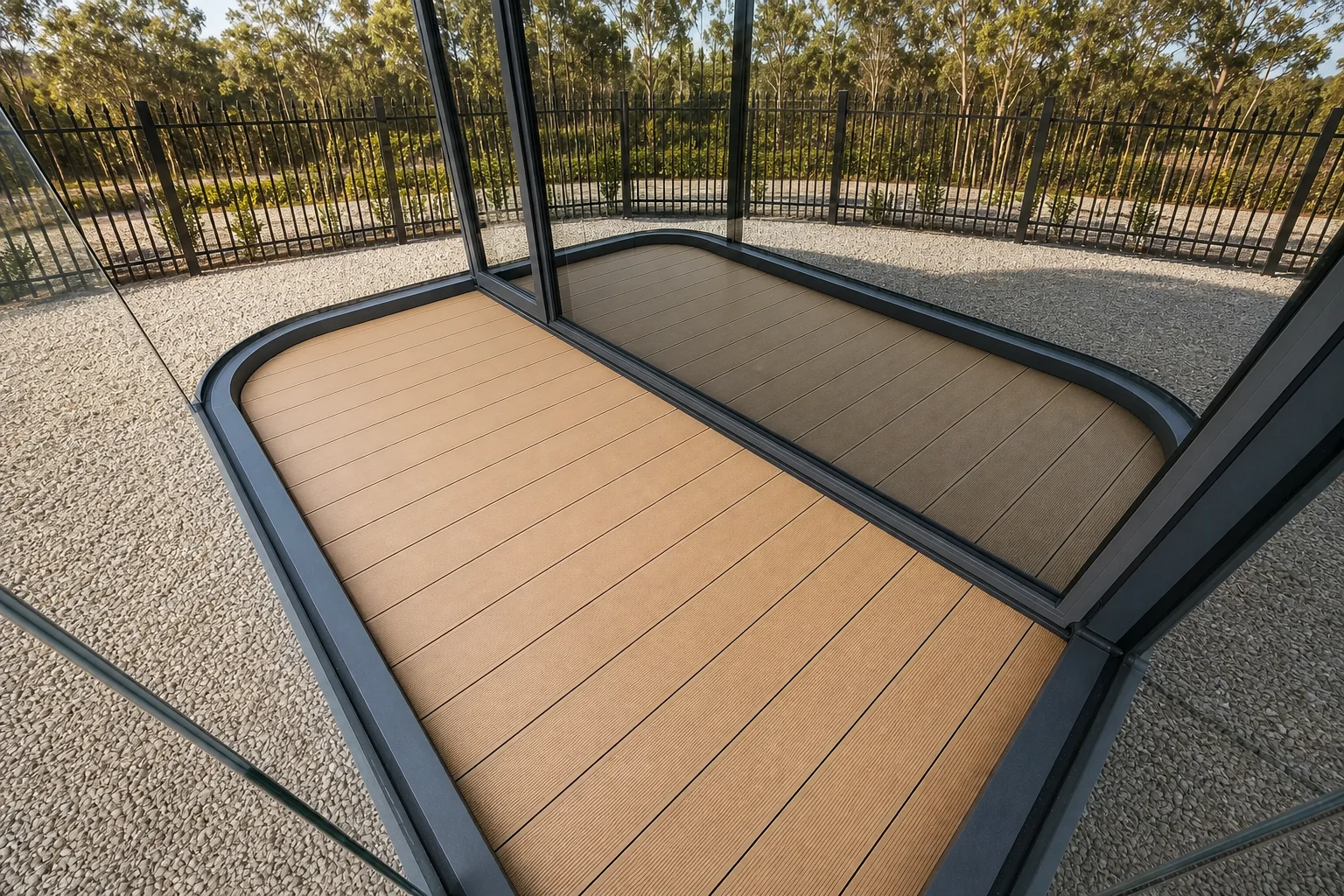 The balcony deck seen through the sliding glass doors, timber boards, black framing and the curved glass balustrade beyond