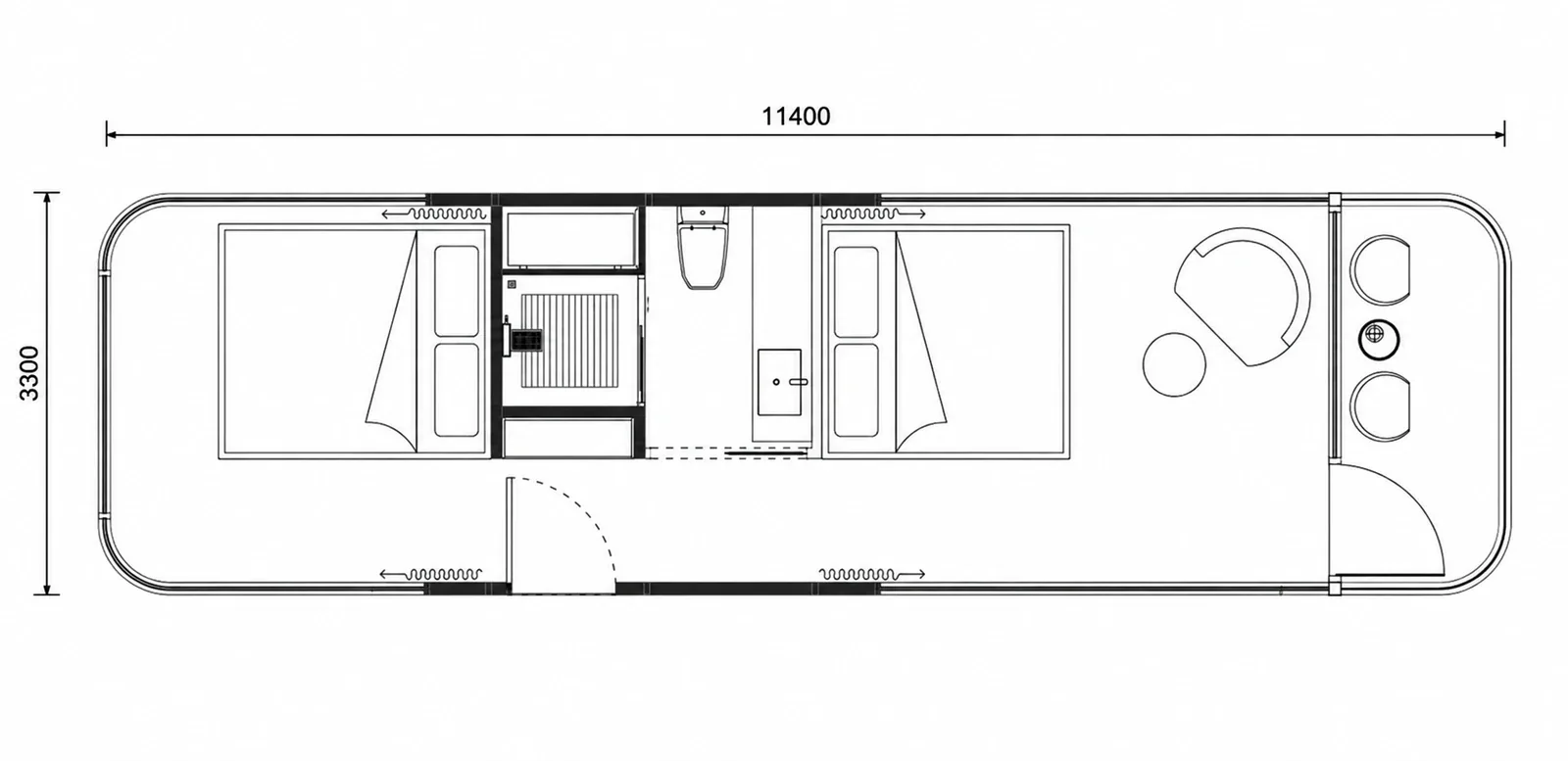 Dimensioned layout, 11,400 by 3,300 mm overall, a bed at each end, bathroom and kitchen in the centre and the balcony at the right end