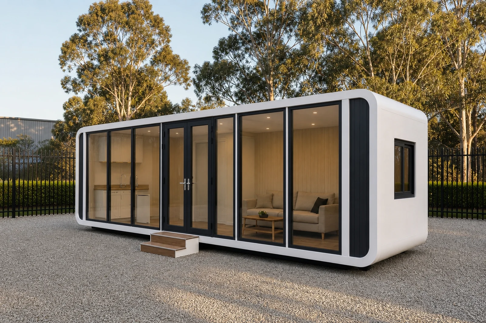 The designer pod at dusk, full height glazing lit from inside showing the kitchen at one end and a sofa at the other, timber steps at the door
