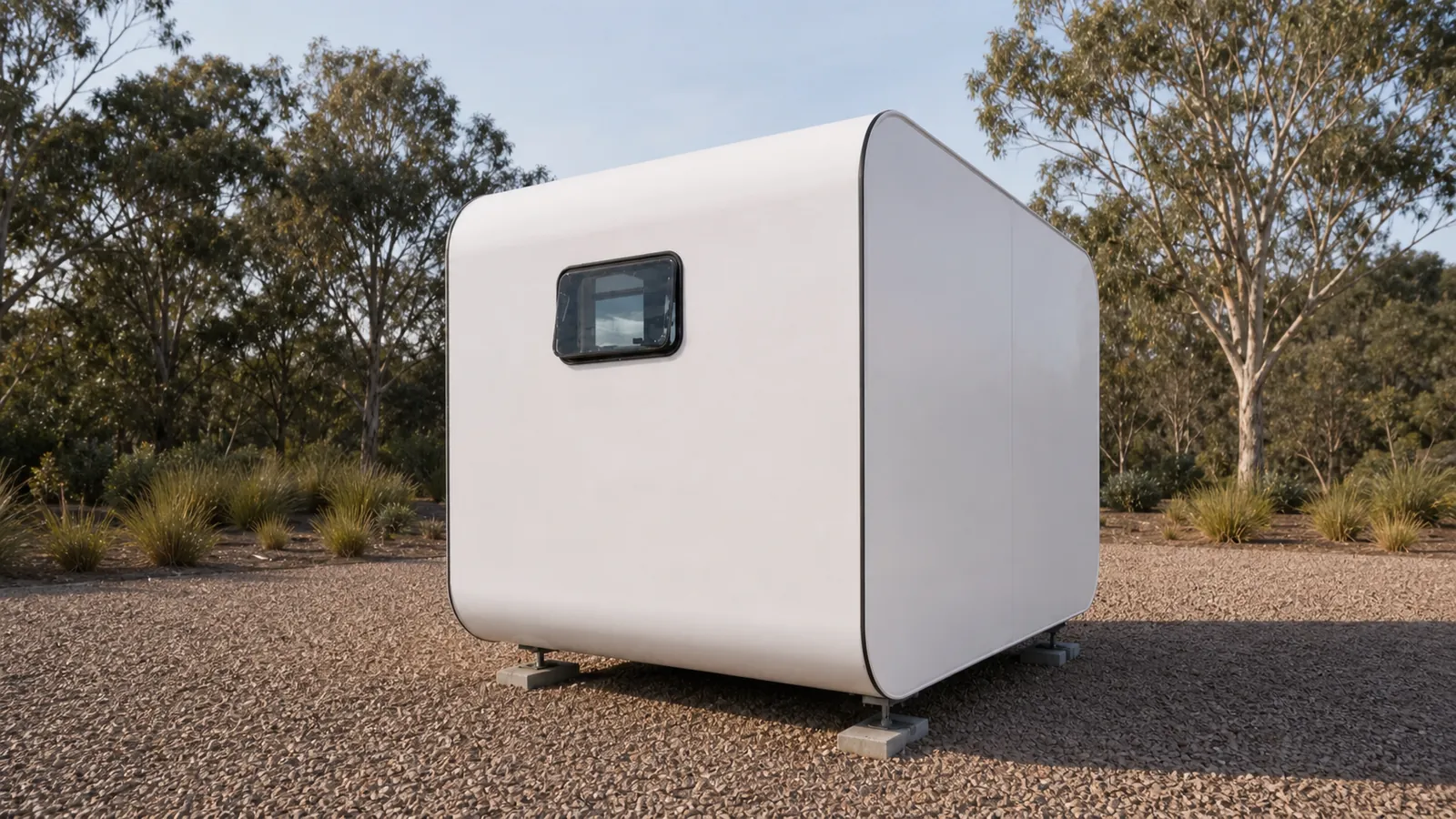 The studio pod from the blank end, a smooth white curved shell with a single rectangular window, standing on adjustable feet on gravel
